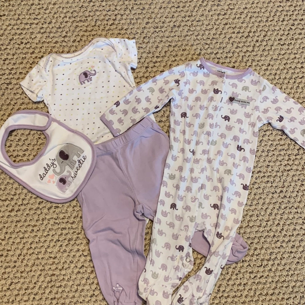 Carters coordinator set with bodysuit, pants, sleeper, and bib.
